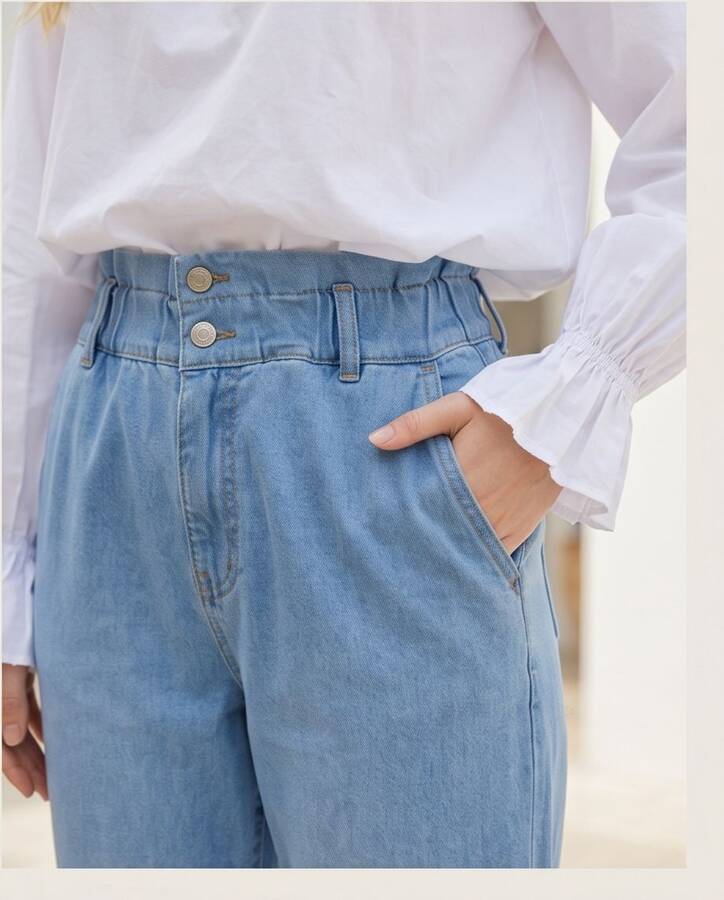 1159-Denim Kemeri Lastikli Yüksek Bel Pantolon Mavi
