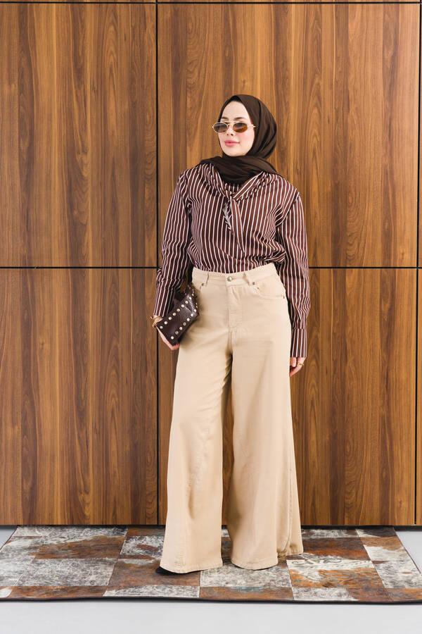 1162-Parça Boyalı Denim Pantolon Bej