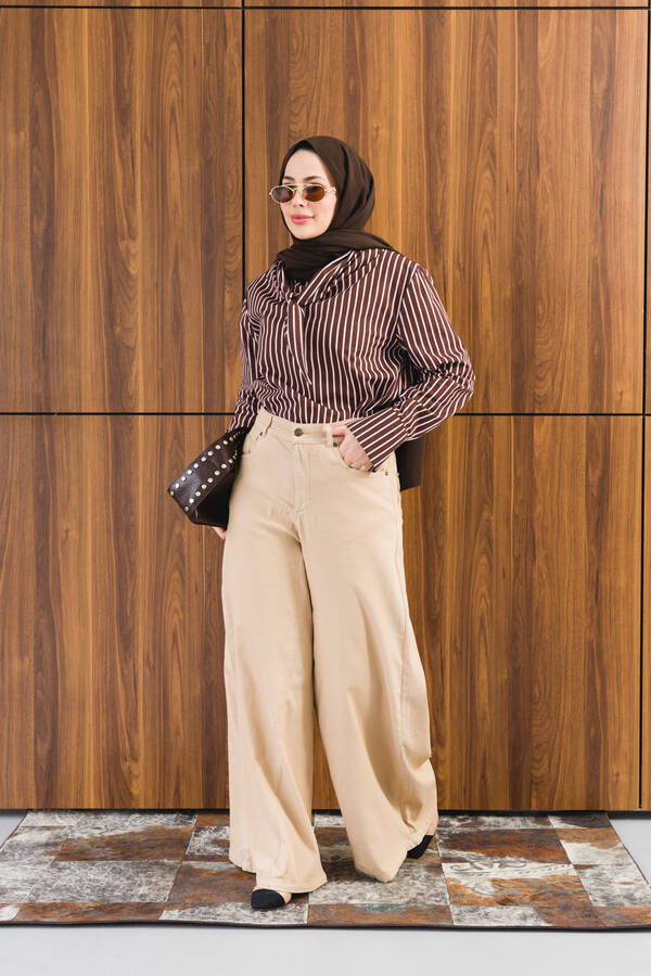 1162-Parça Boyalı Denim Pantolon Bej