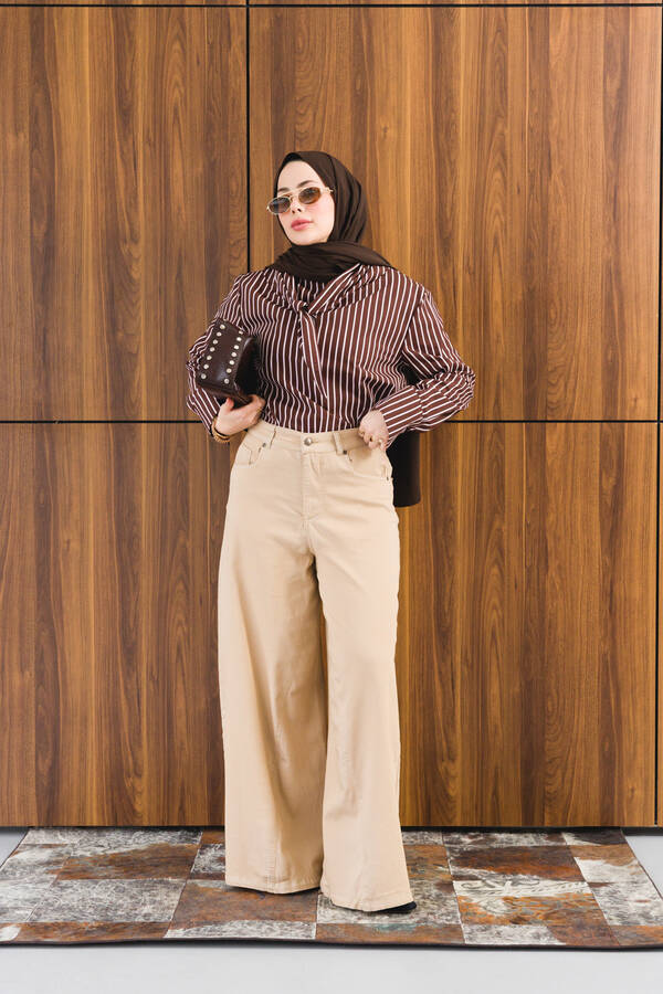 1162-Parça Boyalı Denim Pantolon Bej