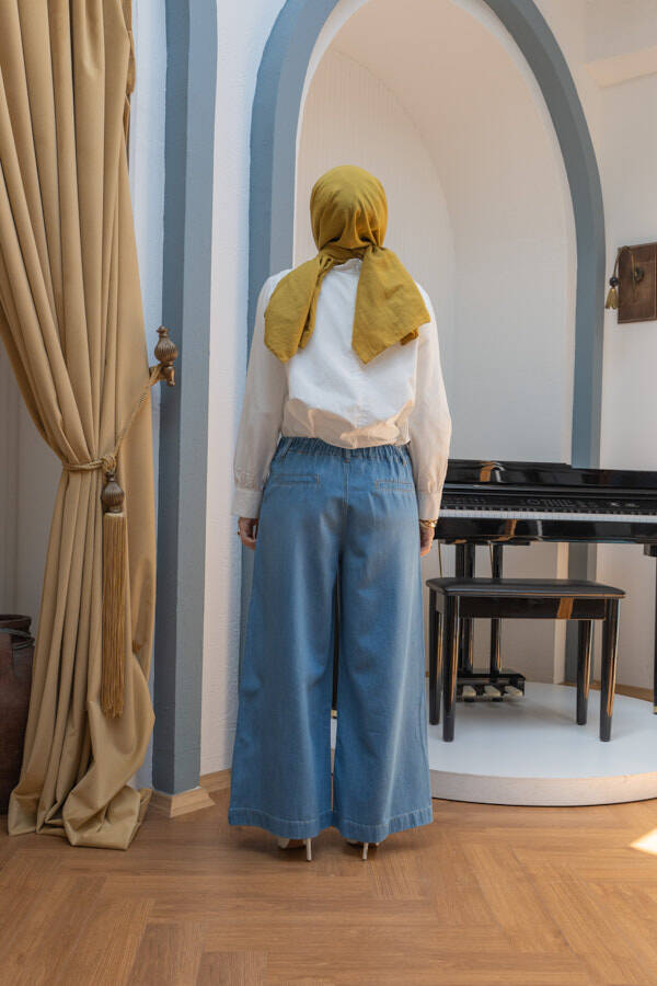 1164-Pileli Denim Pantolon Mavi