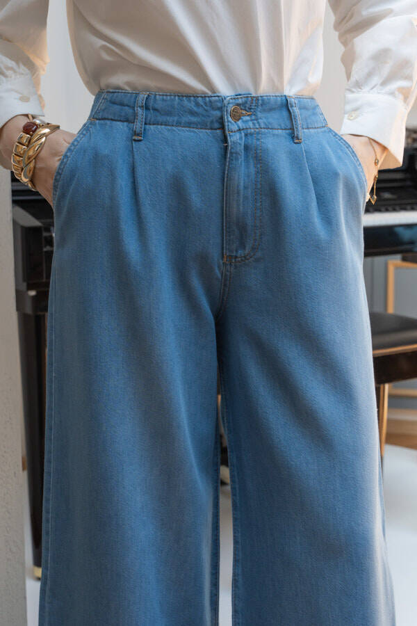 1164-Pileli Denim Pantolon Mavi
