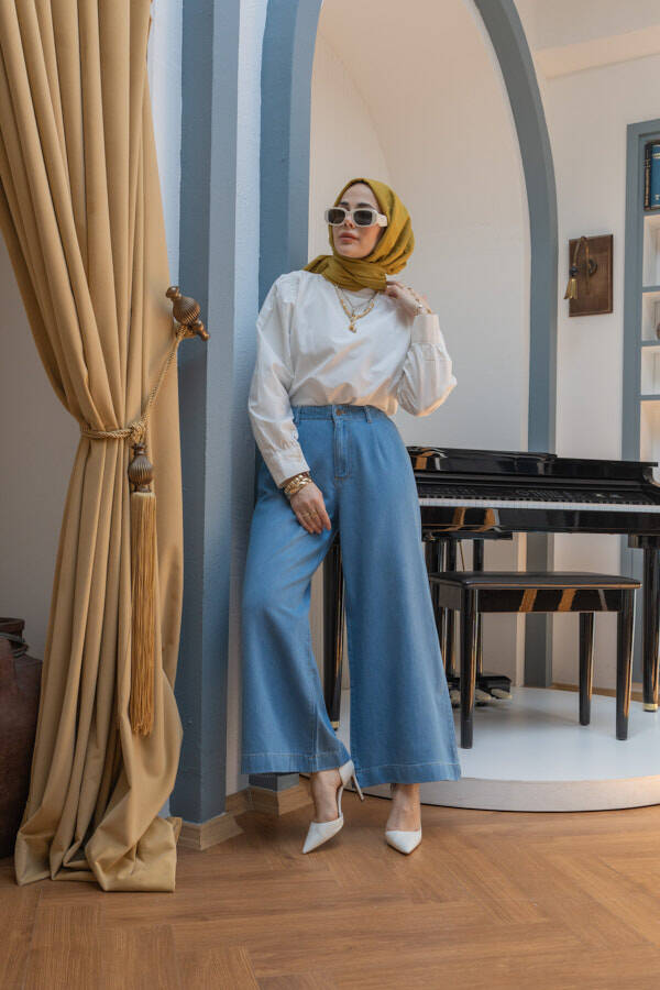 1164-Pileli Denim Pantolon Mavi