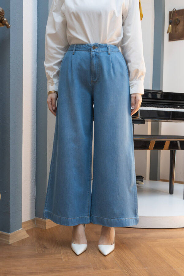 1164-Pileli Denim Pantolon Mavi