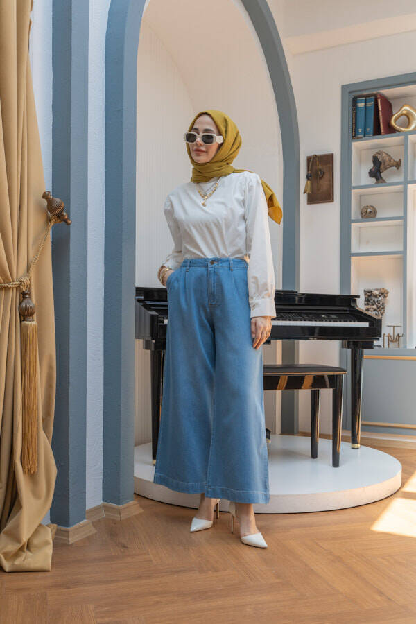 1164-Pileli Denim Pantolon Mavi