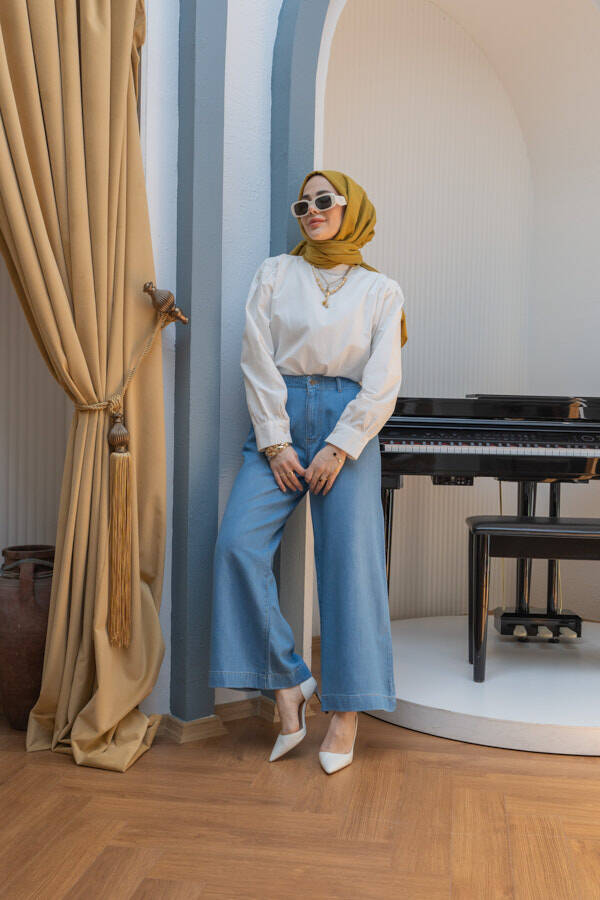 1164-Pileli Denim Pantolon Mavi
