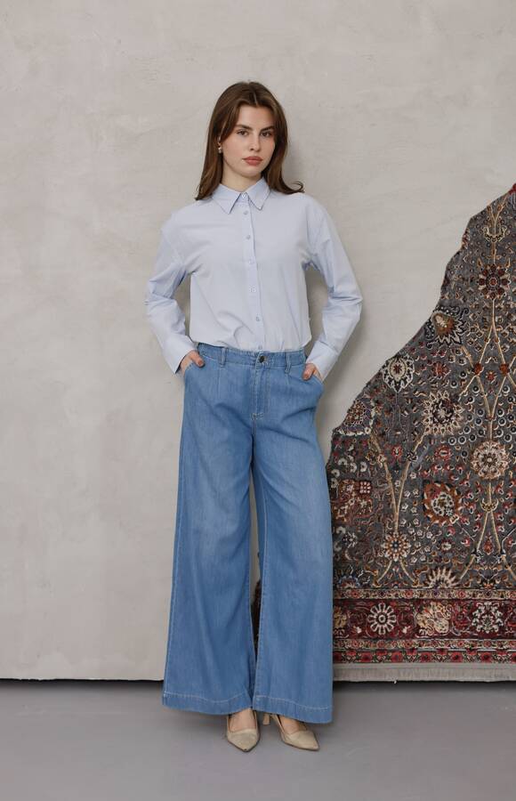 1164-Pileli Denim Pantolon Mavi