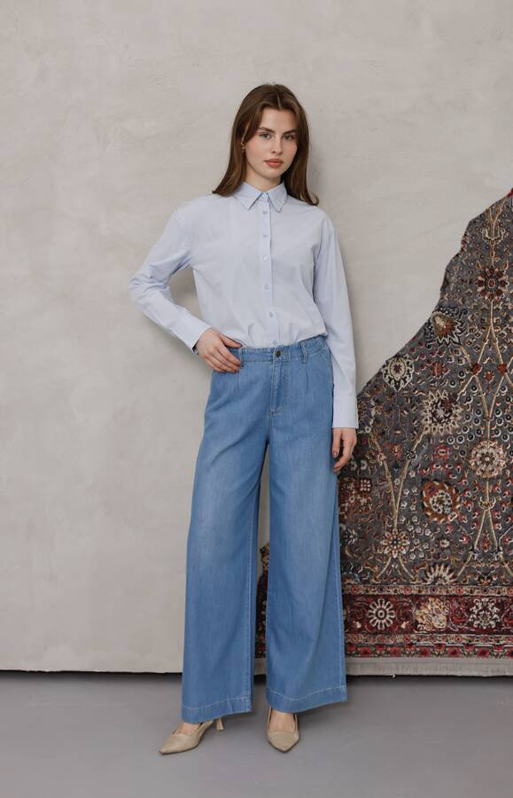 1164-Pileli Denim Pantolon Mavi