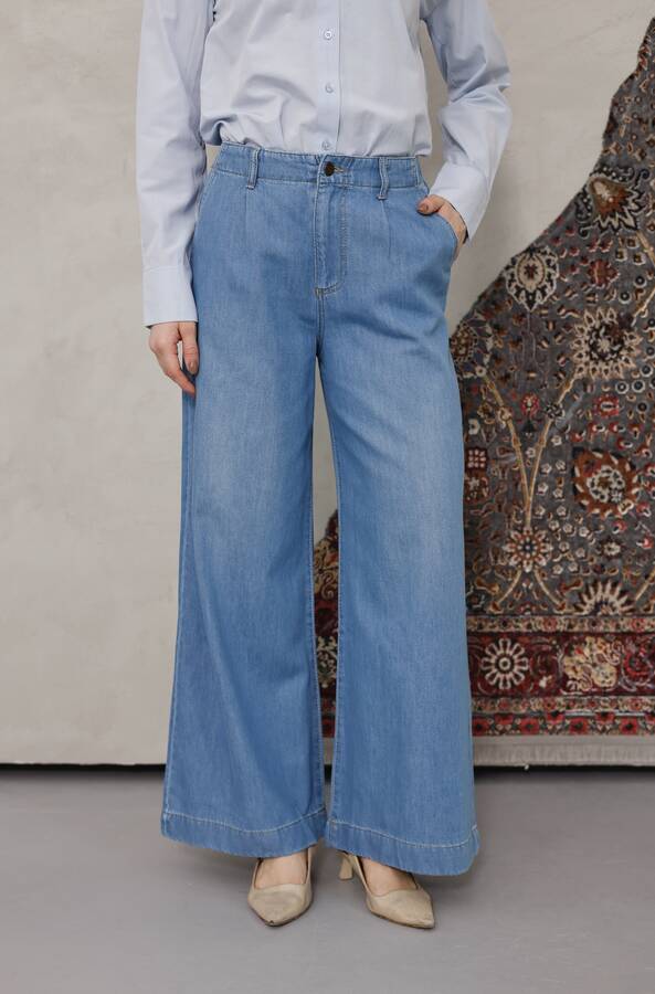 1164-Pileli Denim Pantolon Mavi