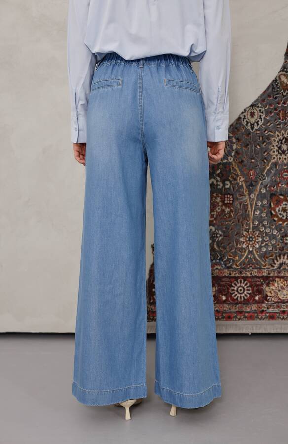 1164-Pileli Denim Pantolon Mavi