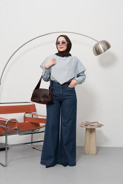Neways - 1165-Denim Bol Paça Pantolon Koyu Mavi