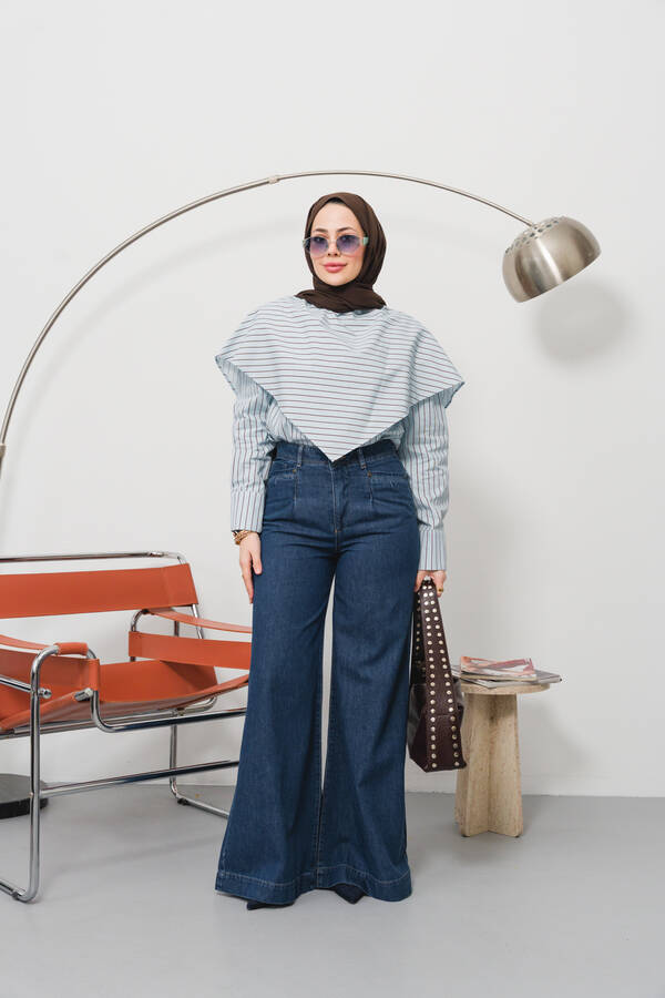 1165-Denim Bol Paça Pantolon Koyu Mavi
