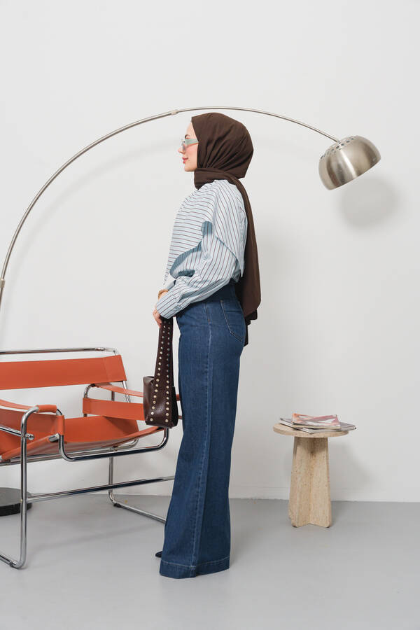 1165-Denim Bol Paça Pantolon Koyu Mavi