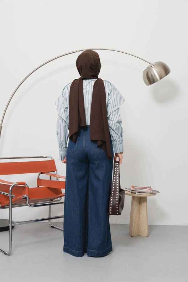 1165-Denim Bol Paça Pantolon Koyu Mavi