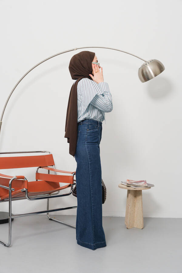 1165-Denim Bol Paça Pantolon Koyu Mavi