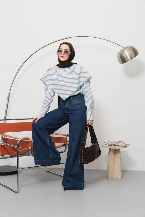 1165-Denim Bol Paça Pantolon Koyu Mavi