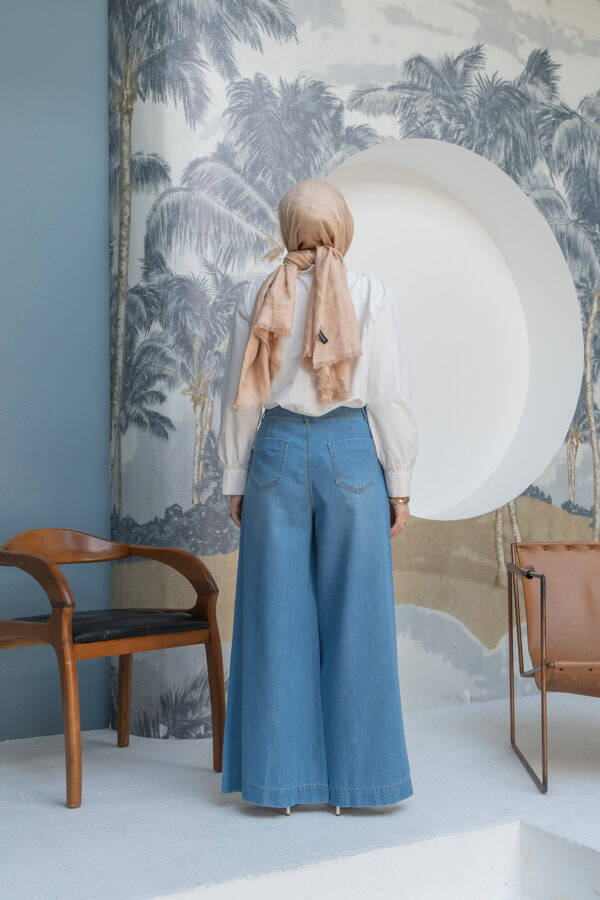 1165-Denim Bol Paça Pantolon Mavi