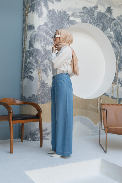 Neways - 1165-Denim Bol Paça Pantolon Mavi Neways - 1165-Denim Bol Paça Pantolon Mavi