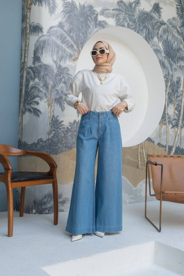 1165-Denim Bol Paça Pantolon Mavi