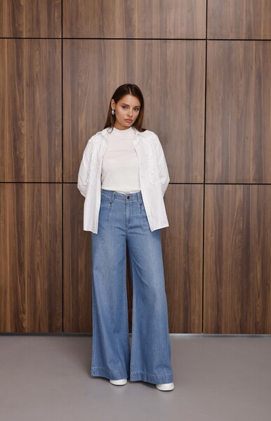 Neways - 1165-Denim Bol Paça Pantolon Mavi