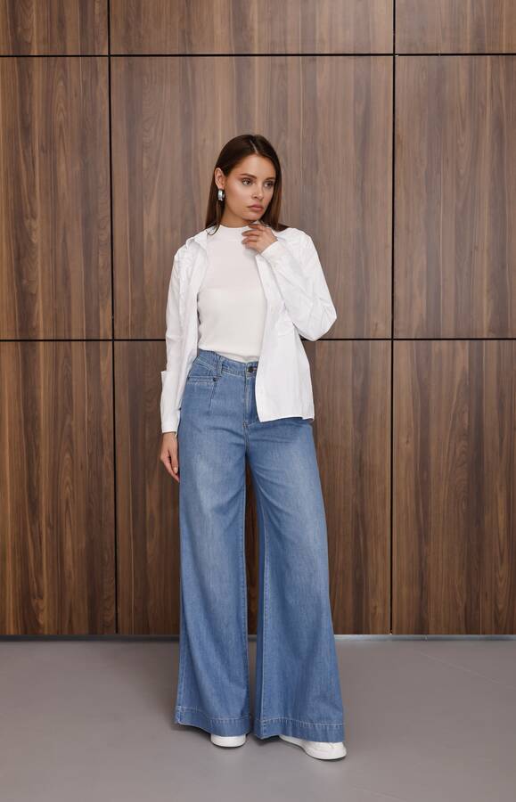 1165-Denim Bol Paça Pantolon Mavi