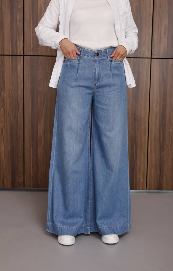 1165-Denim Bol Paça Pantolon Mavi