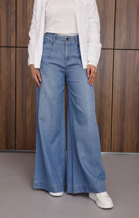 1165-Denim Bol Paça Pantolon Mavi