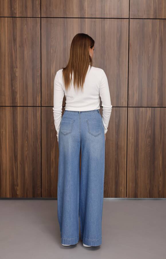 1165-Denim Bol Paça Pantolon Mavi