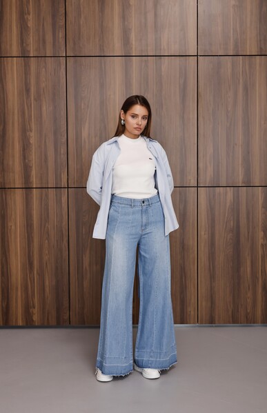 Neways - 1166-Parçalı Denim Bol Paça Pantolon Mavi