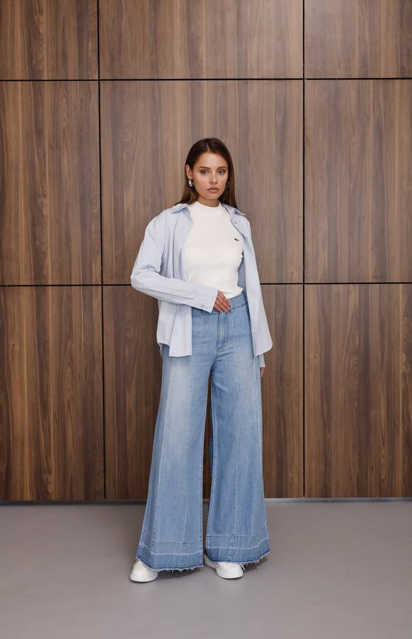 1166-Parçalı Denim Bol Paça Pantolon Mavi