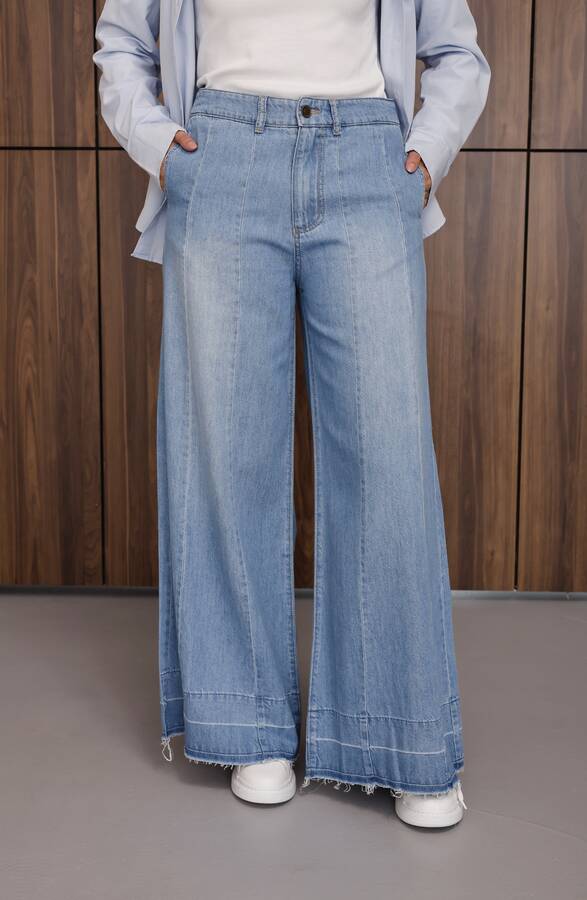 1166-Parçalı Denim Bol Paça Pantolon Mavi