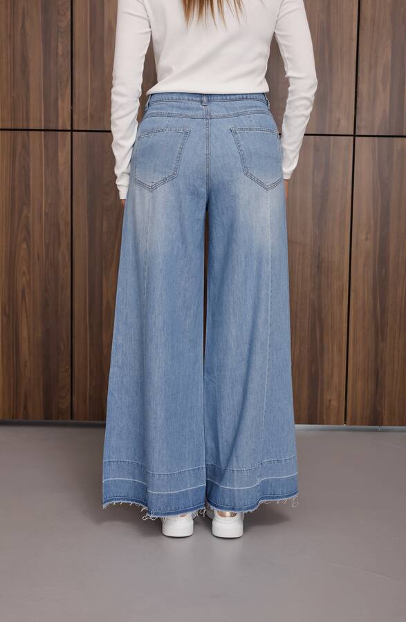 1166-Parçalı Denim Bol Paça Pantolon Mavi