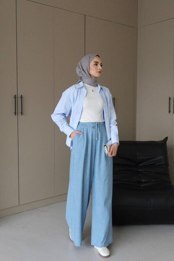 1167-Denim Bol Paça Pantolon Mavi