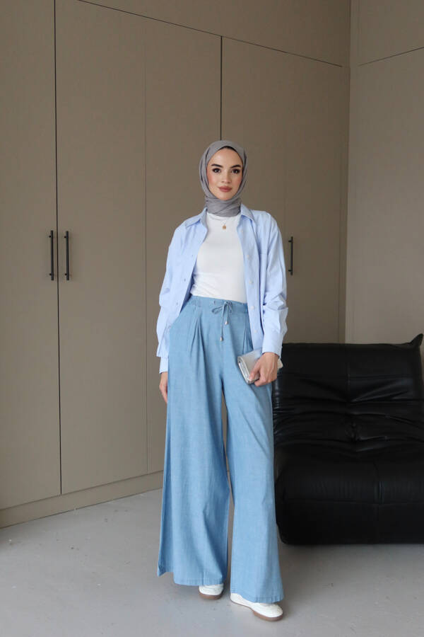 1167-Denim Bol Paça Pantolon Mavi