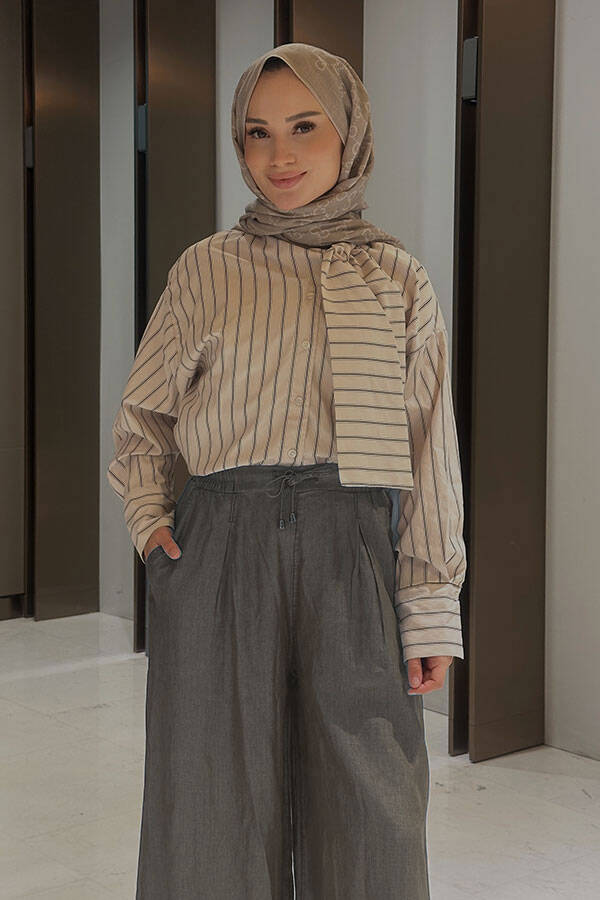 1167-Tensel Lastikli Pileli Pantolon Gri