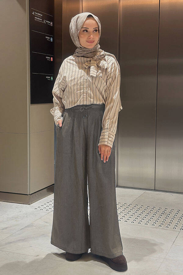 1167-Tensel Lastikli Pileli Pantolon Gri