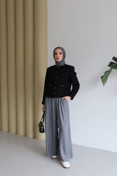 Neways - 1167-Tensel Lastikli Pileli Pantolon Gri