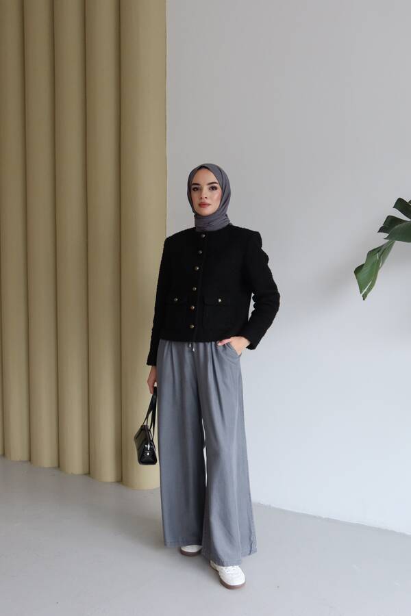 1167-Tensel Lastikli Pileli Pantolon Gri