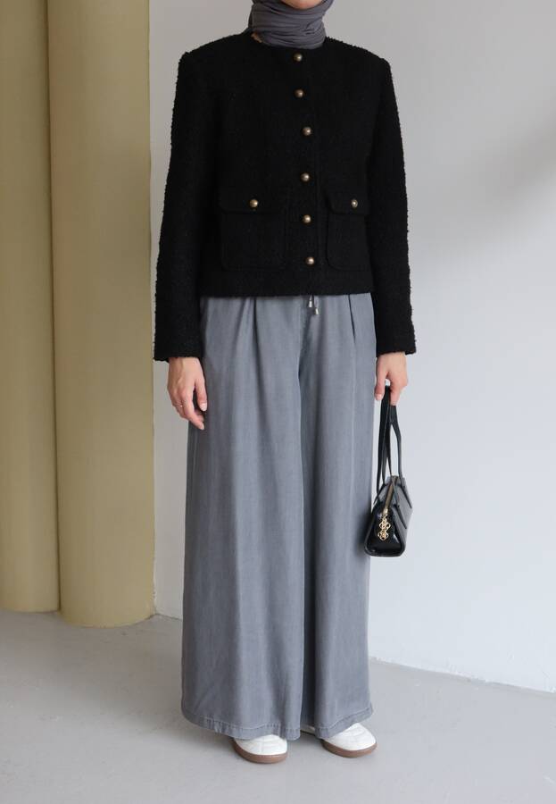 1167-Tensel Lastikli Pileli Pantolon Gri