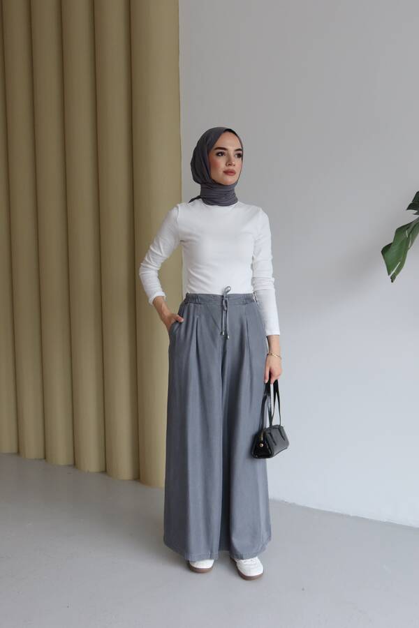 1167-Tensel Lastikli Pileli Pantolon Gri