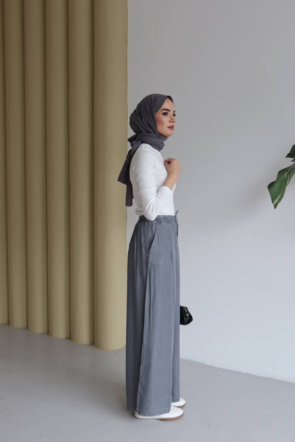 1167-Tensel Lastikli Pileli Pantolon Gri