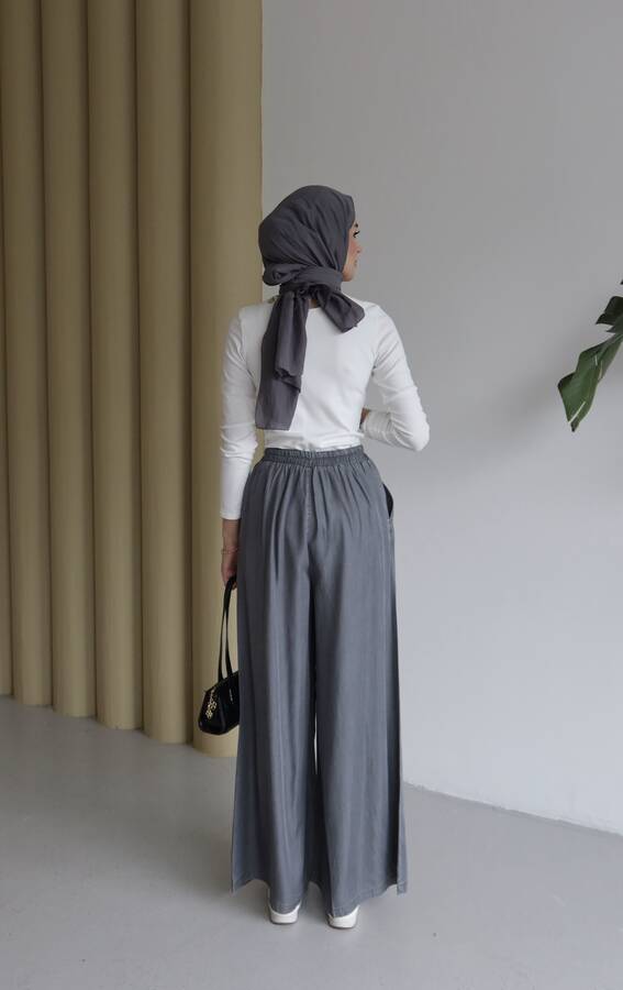 1167-Tensel Lastikli Pileli Pantolon Gri