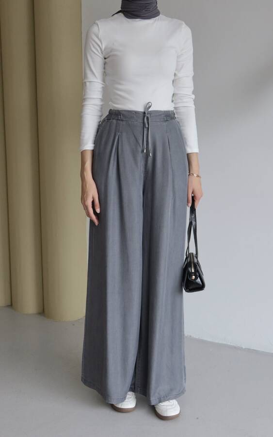 1167-Tensel Lastikli Pileli Pantolon Gri