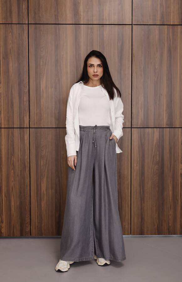 1167-Tensel Lastikli Pileli Pantolon Gri