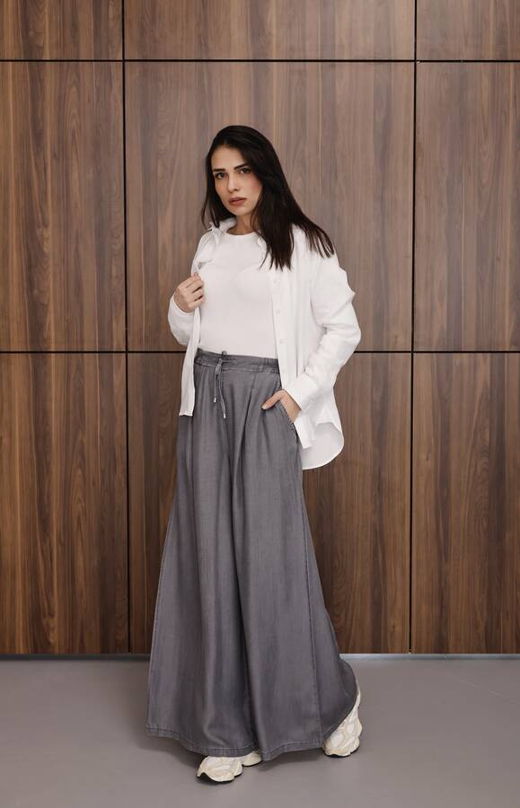 1167-Tensel Lastikli Pileli Pantolon Gri