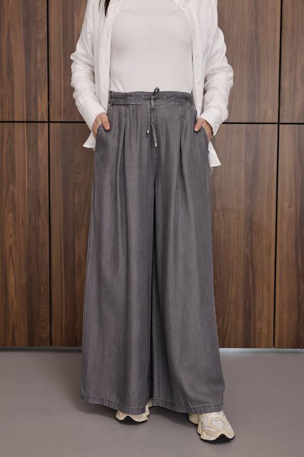 1167-Tensel Lastikli Pileli Pantolon Gri