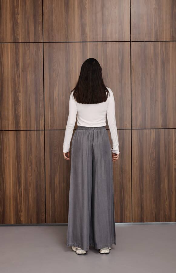 1167-Tensel Lastikli Pileli Pantolon Gri