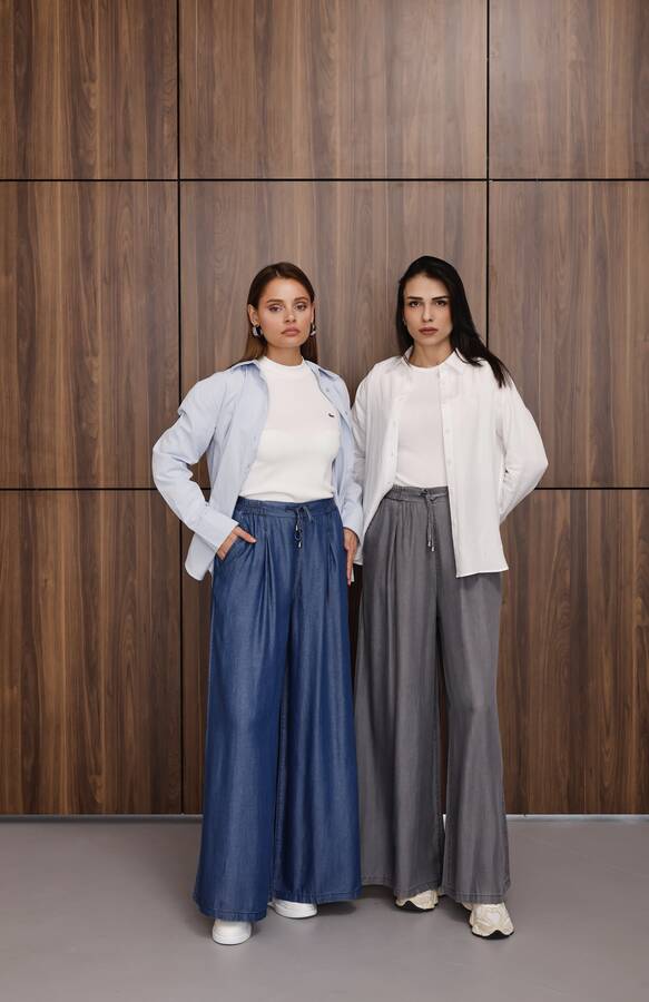 1167-Tensel Lastikli Pileli Pantolon Gri