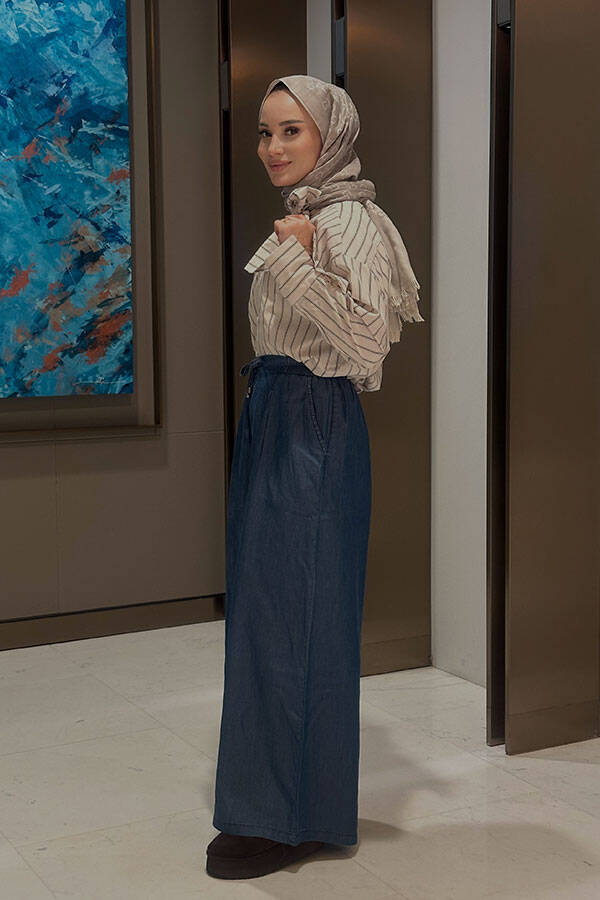 1167-Tensel Lastikli Pileli Pantolon Koyu Mavi