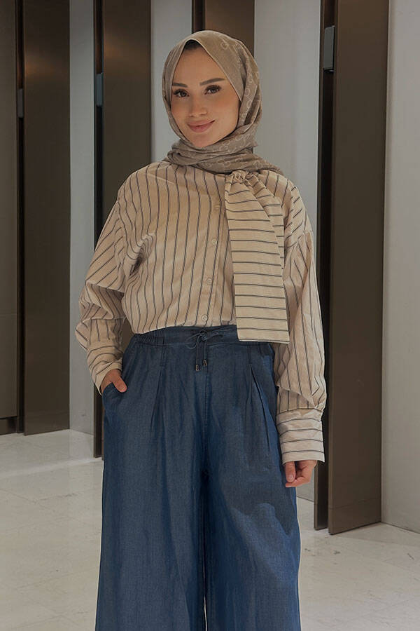 1167-Tensel Lastikli Pileli Pantolon Koyu Mavi